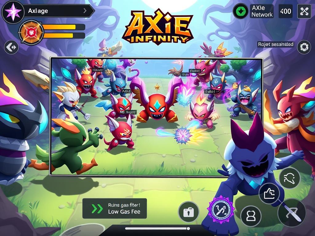 Axie Infinity gameplay showing characters and battle interface on Ronin Network