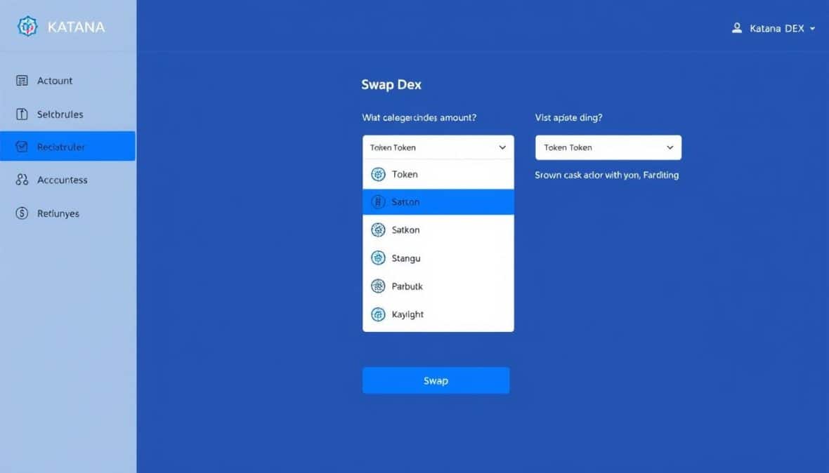 Katana DEX interface showing the swap page with token selection options