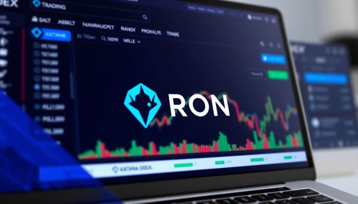 RON token logo displayed on a digital interface with Katana DEX in the background