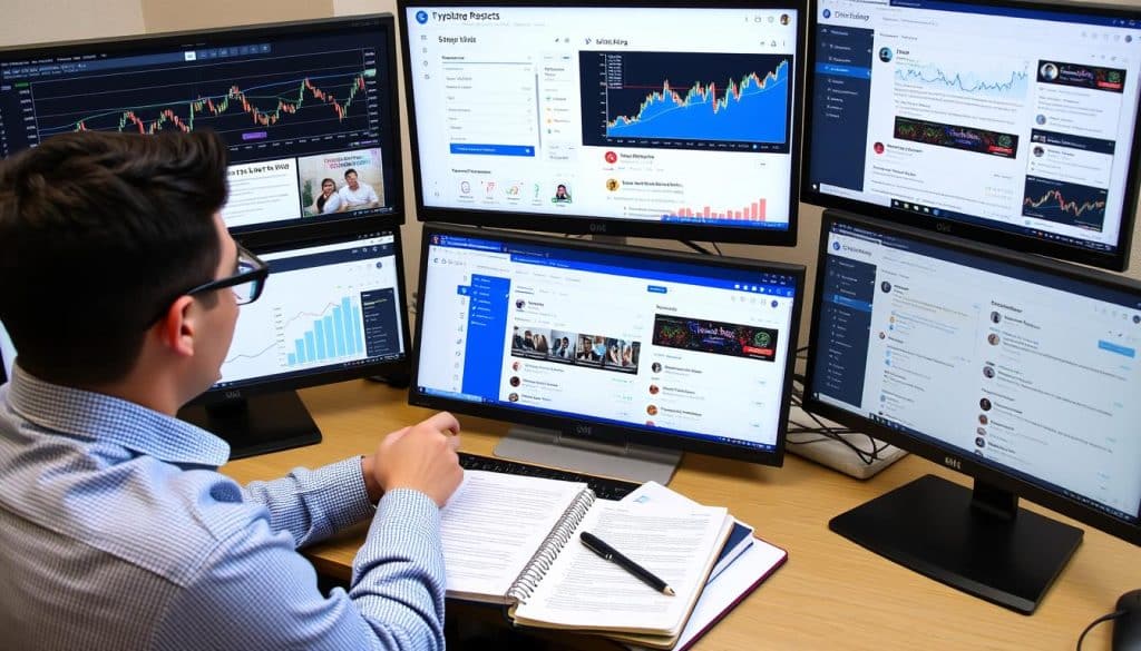 Person researching crypto projects on multiple screens