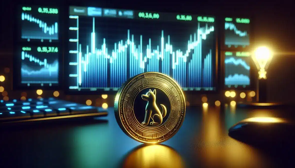 golden-floki-inu-cryptocurrency-token-with-ascending-price-charts-projected-above-it
