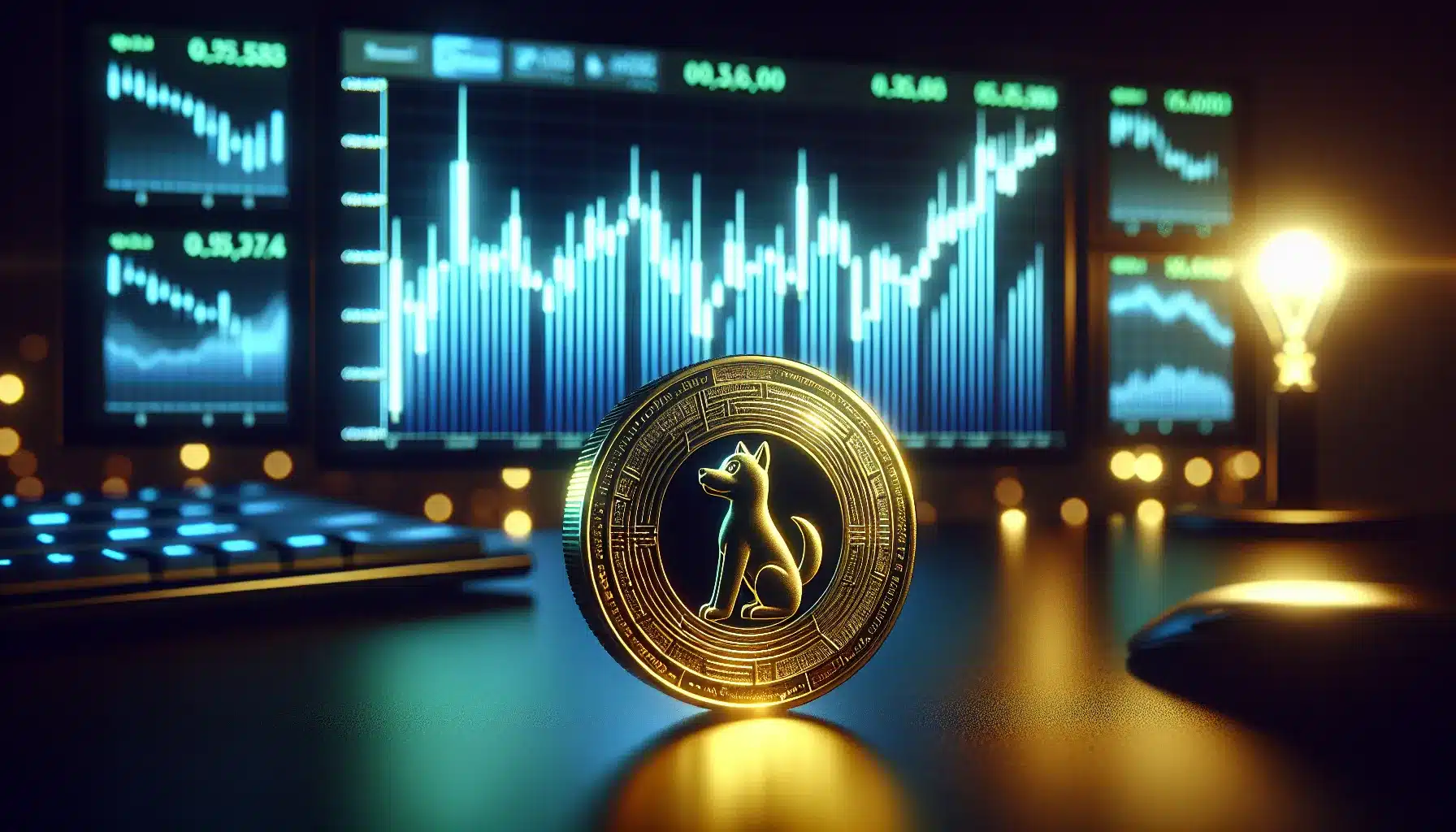 golden-floki-inu-cryptocurrency-token-with-ascending-price-charts-projected-above-it