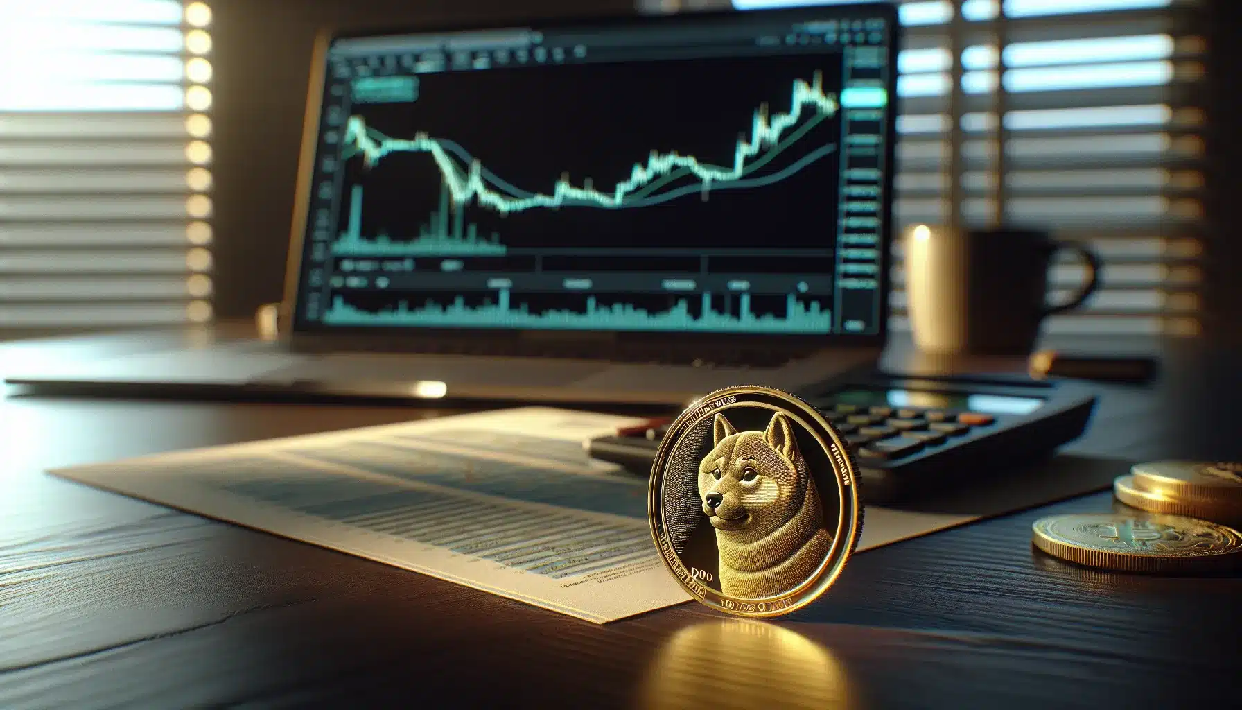golden-shiba-inu-crypto-coin-on-desk-with-financial-charts-and-calculator
