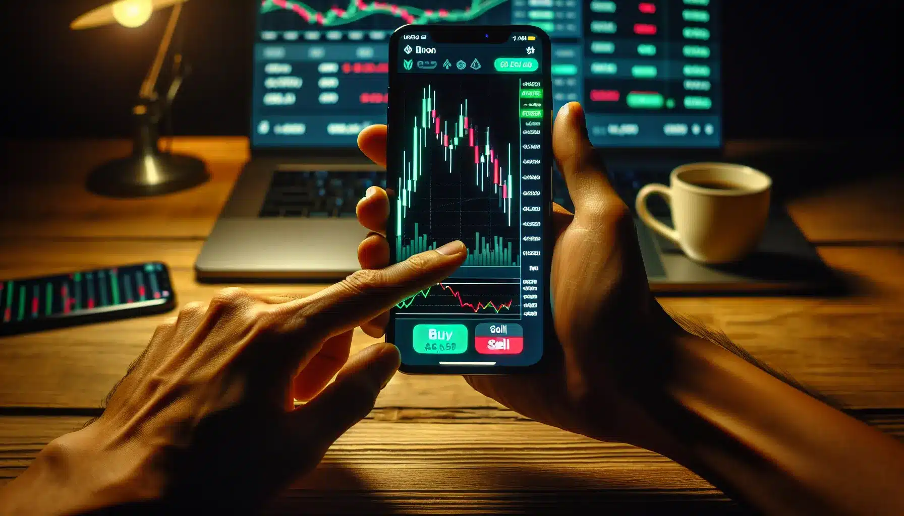 hand-hovering-over-smartphone-with-floki-inu-trading-app-showing-buy-and-sell-buttons