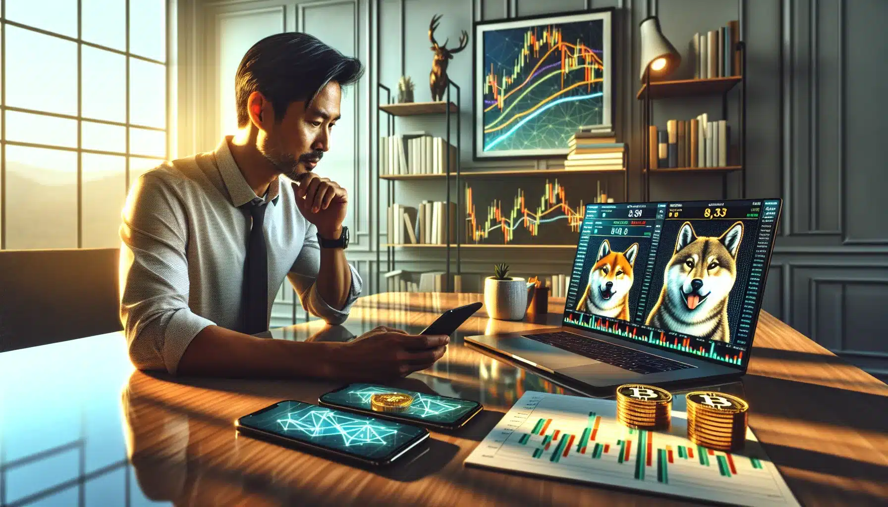 person-comparing-floki-inu-and-shiba-inu-cryptocurrencies-on-laptop-and-smartphones-at-home-desk