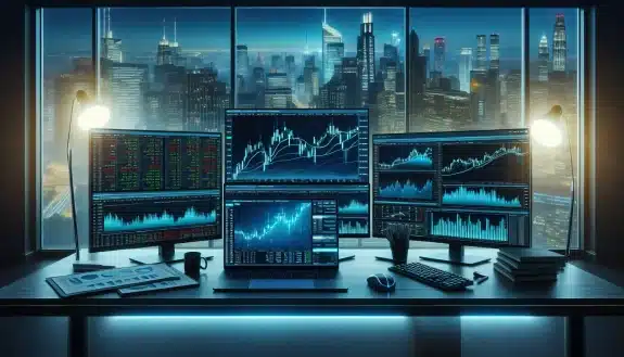 trading-desk-with-multiple-monitors-showing-ionq-stock-charts-and-financial-data-at-dusk