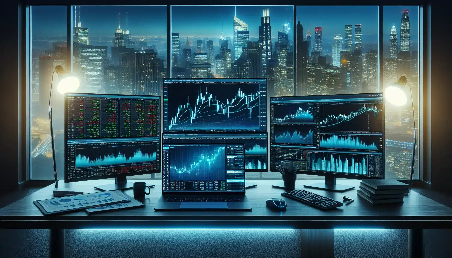 trading-desk-with-multiple-monitors-showing-ionq-stock-charts-and-financial-data-at-dusk