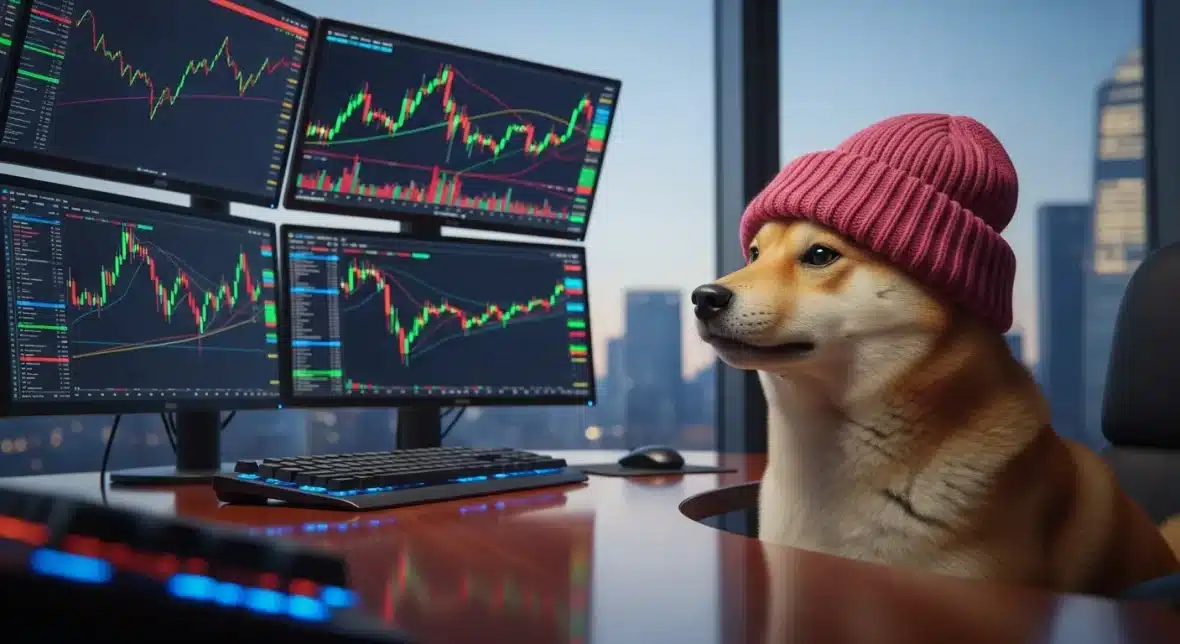 a-shiba-inu-dog-in-a-pink-beanie-sitting-at-a-trading-desk-surrounded-by-financial-charts