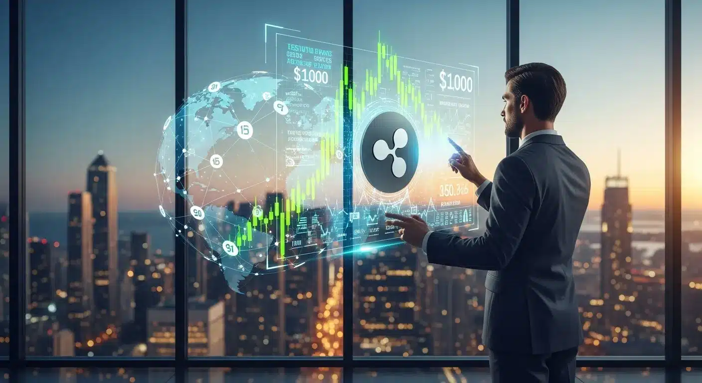 financial-analyst-studying-a-bullish-xrp-price-chart-and-global-payment-network-in-a-modern-office