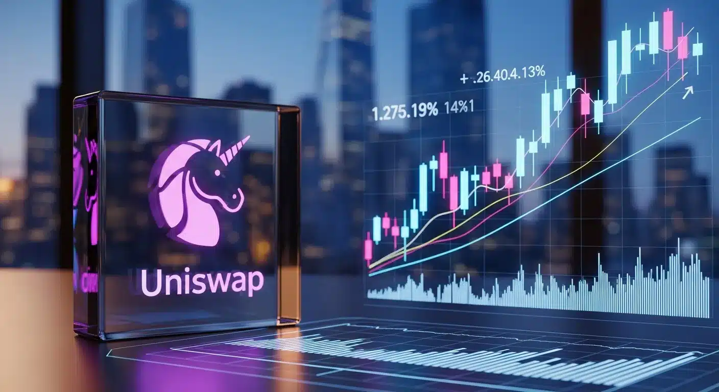 glass-uniswap-logo-on-a-desk-with-glowing-financial-growth-charts-and-a-city-skyline-background