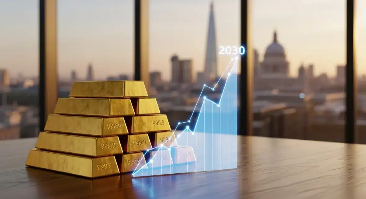 gold-bullion-bars-stacked-on-a-desk-with-a-rising-chart-and-london-skyline-background