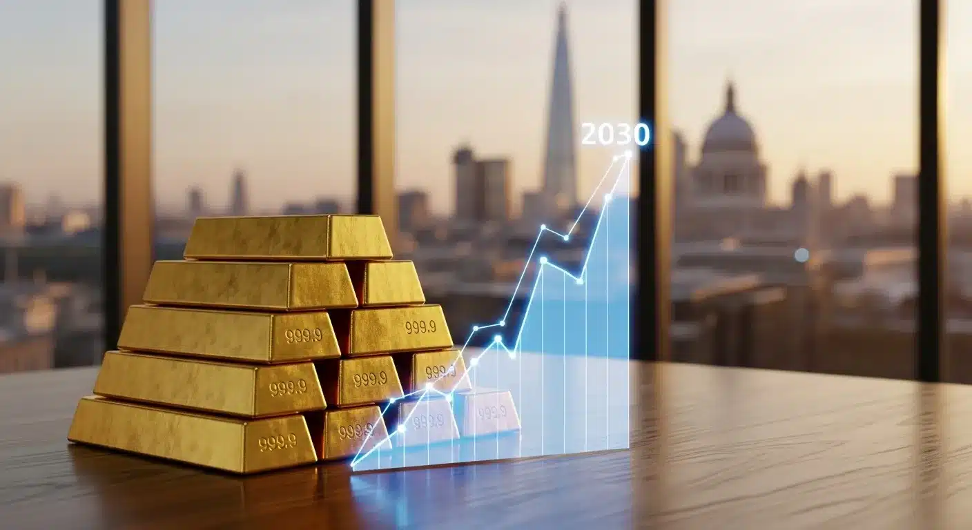 gold-bullion-bars-stacked-on-a-desk-with-a-rising-chart-and-london-skyline-background
