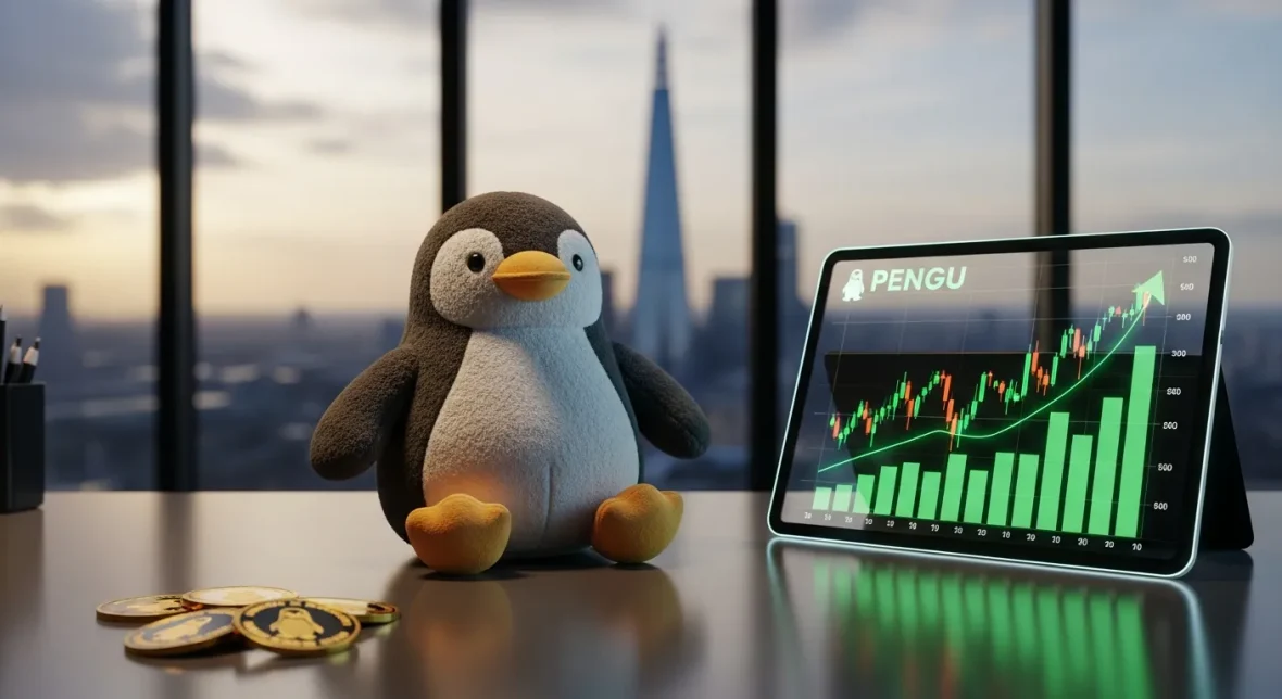 pudgy-penguin-plush-toy-on-a-london-office-desk-with-glowing-financial-price-charts