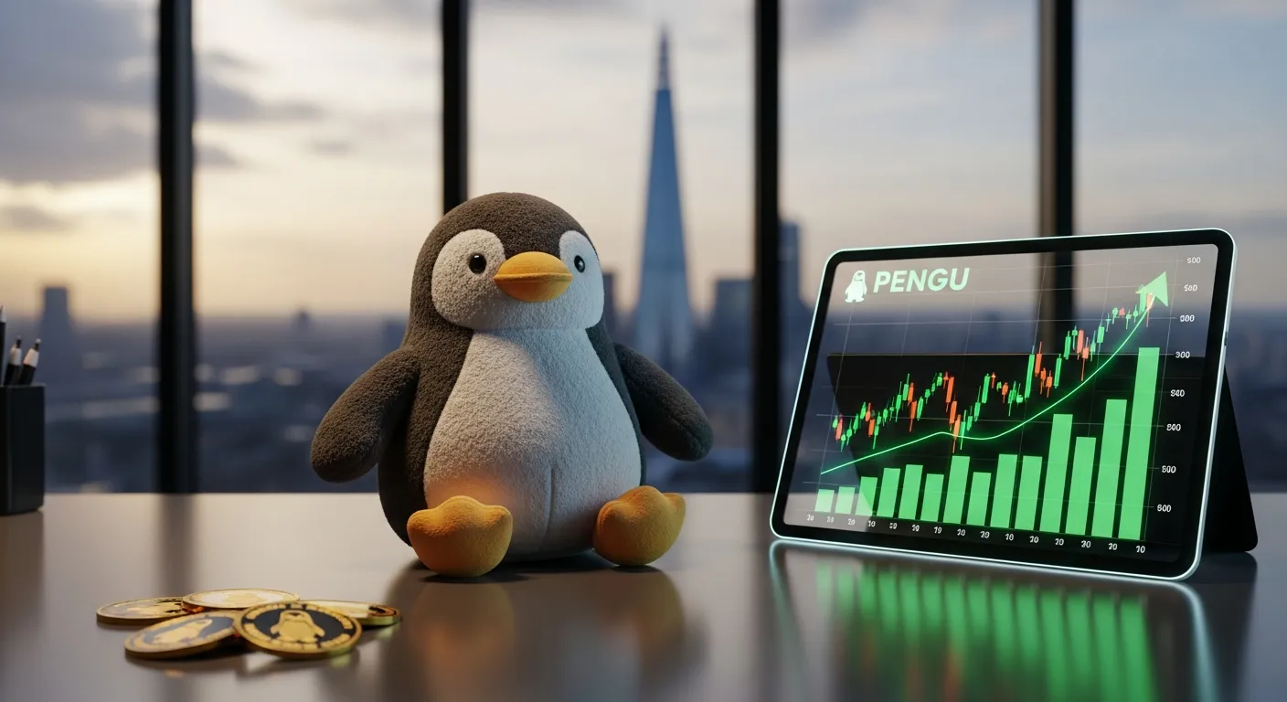 pudgy-penguin-plush-toy-on-a-london-office-desk-with-glowing-financial-price-charts