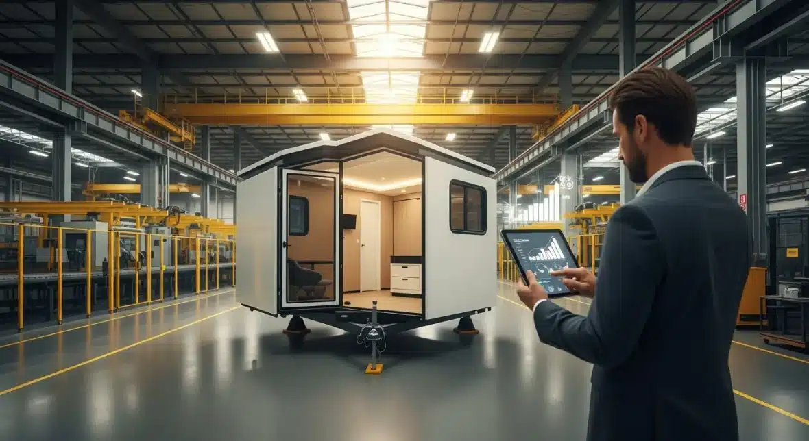an-investor-analyzing-charts-on-a-tablet-inside-a-high-tech-boxabl-modular-home-factory