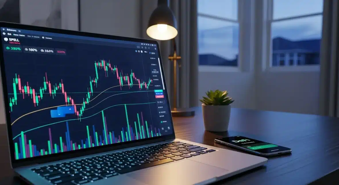 laptop-displaying-spell-token-cryptocurrency-price-charts-on-a-modern-desk