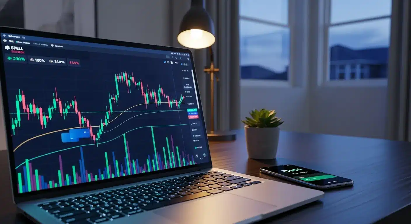 laptop-displaying-spell-token-cryptocurrency-price-charts-on-a-modern-desk