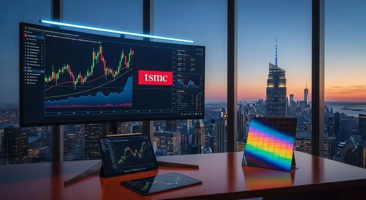 stock-market-charts-on-a-monitor-with-a-silicon-wafer-on-a-desk-at-twilight
