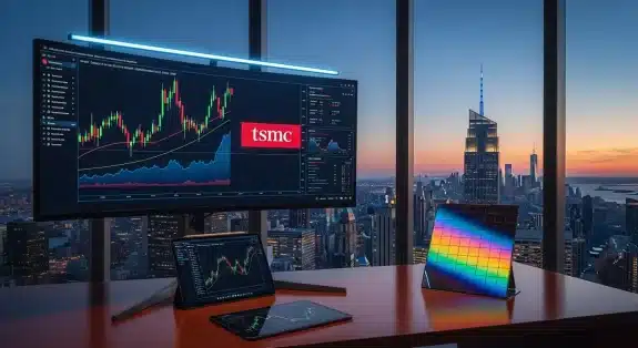 stock-market-charts-on-a-monitor-with-a-silicon-wafer-on-a-desk-at-twilight