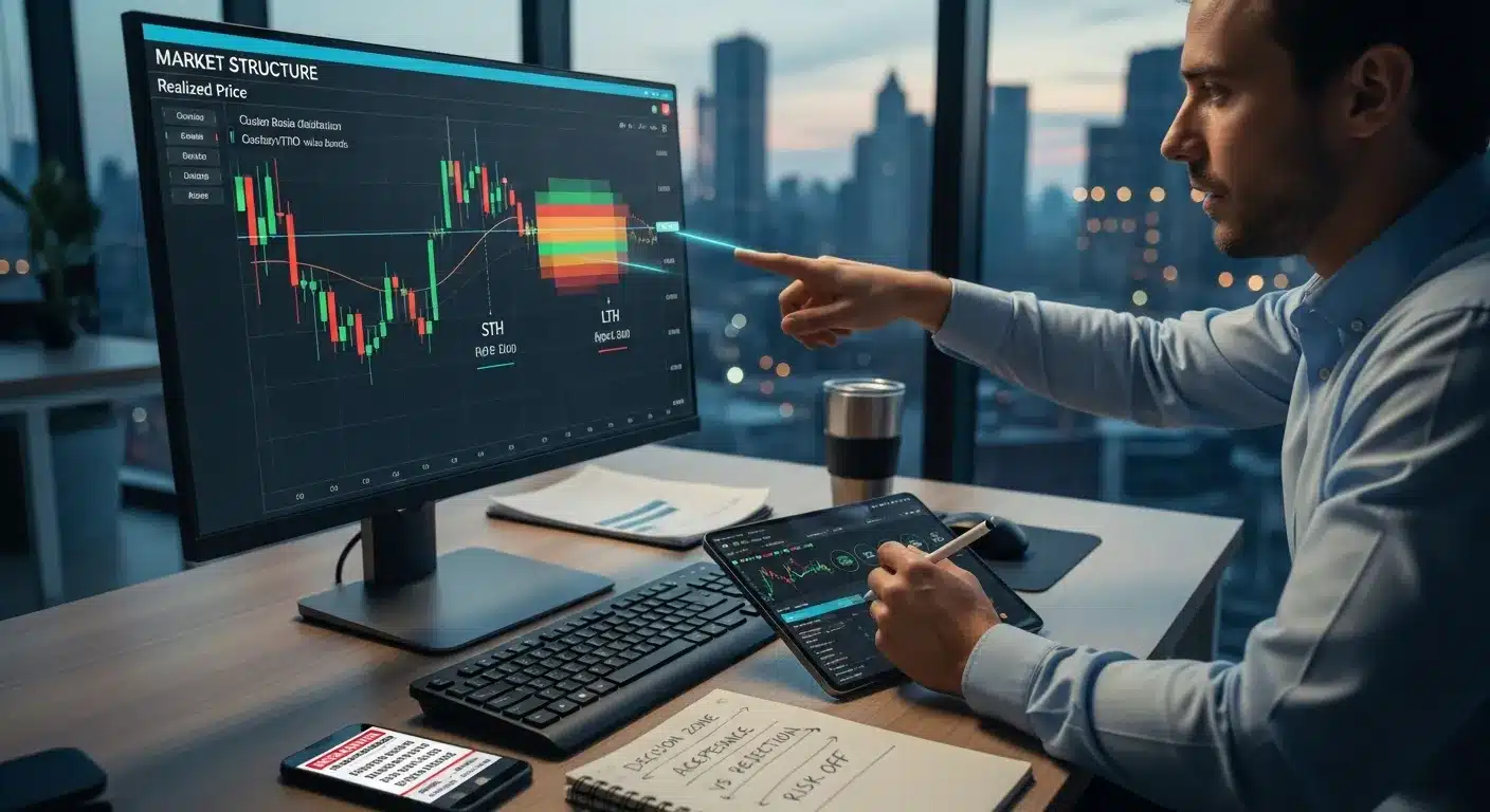 analyst-studies-xrp-chart-with-realized-price-and-cost-basis-clusters-on-monitors