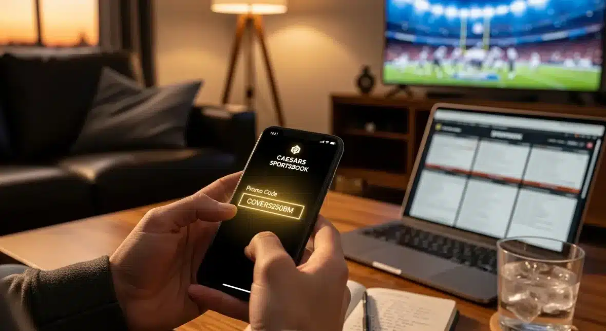 hands-entering-a-caesars-sportsbook-promo-code-on-a-smartphone-in-a-living-room