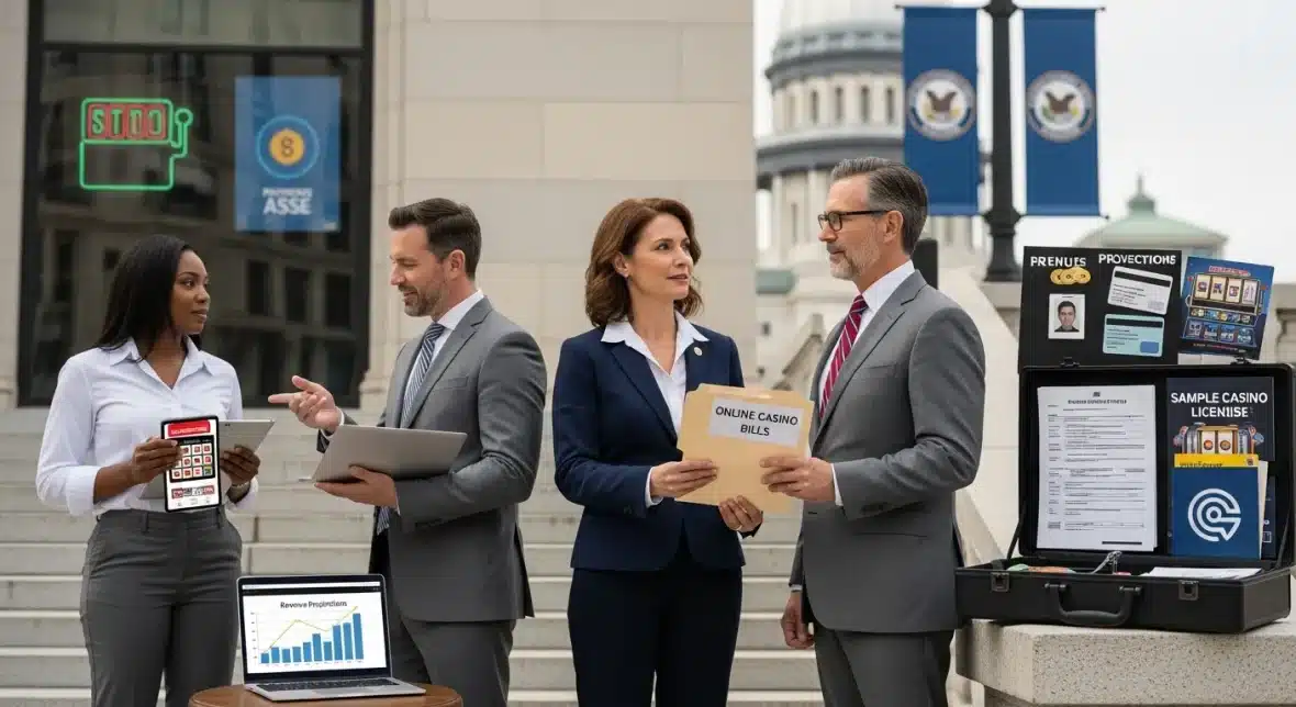 legislators-on-illinois-capitol-steps-handing-over-bill-labeled-online-casino-bills