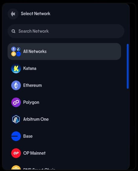 Katana app bridge network selector showing Polygon listed as a source network
