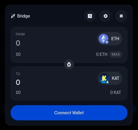 Katana app bridge window with From and To token boxes and a Connect Wallet button
