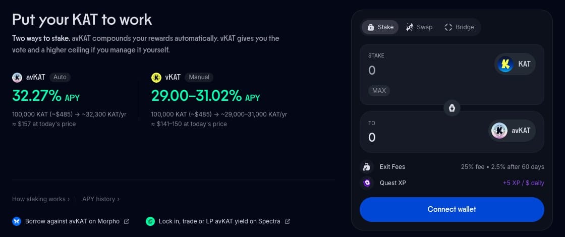 Stake page in the Katana app showing avKAT and vKAT staking options for KAT