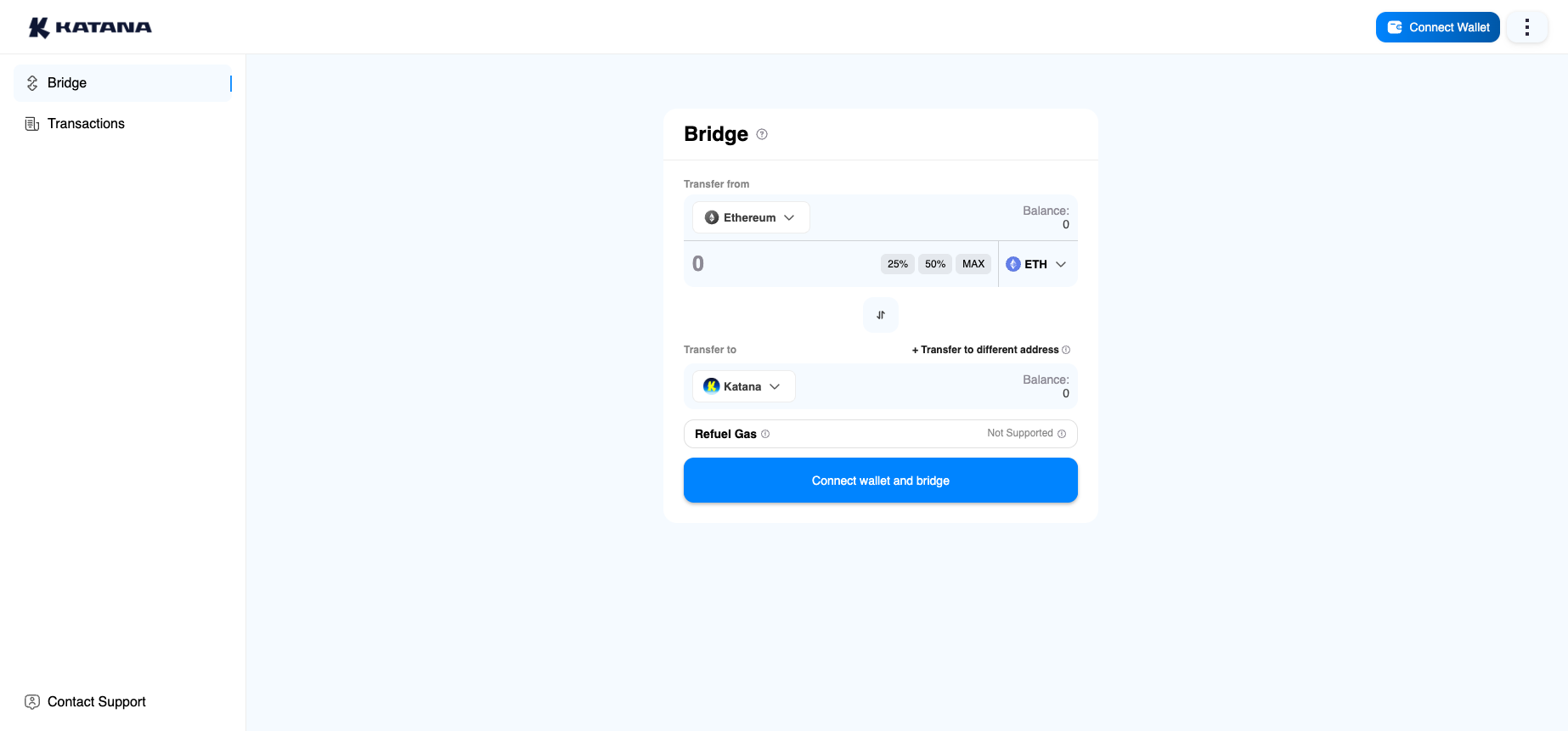 Katana Native Bridge interface at bridge.katana.network showing Ethereum to Katana transfer form
